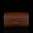 A front view of a brown Von Baer luxury leather watch roll.