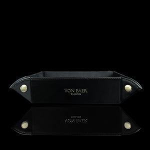 Von Baer Majestic luxury Italian leather tray desk organizer, catch-all in black, featuring a front view that highlights its sleek design and sophisticated appearance.