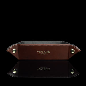 Von Baer Majestic luxury Italian leather tray desk organizer, catch-all in brown, featuring a front view that showcases its refined craftsmanship and utility.