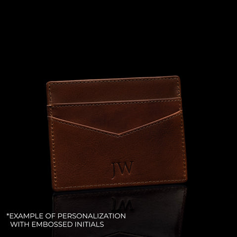 Von Baer minimalist personalizable leather card holder with RFID protection, featuring embossed initials example: JW.