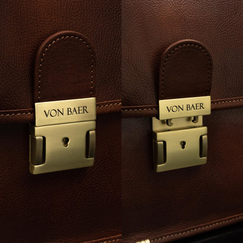 von baer no 2 premium leather messenger briefcase solid brown lock and key closure opened close up