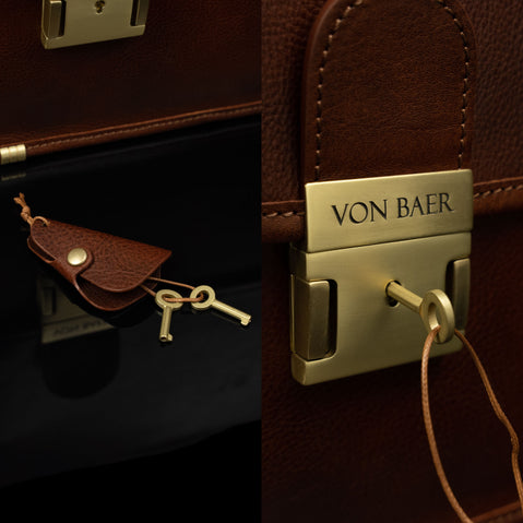 von baer no 2 premium leather messenger briefcase solid brown lock and key closure with key inside