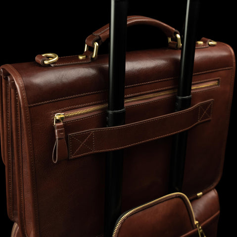 von baer no 2 premium leather messenger briefcase solid brown luggage strap with travel carry on trolley bag close up