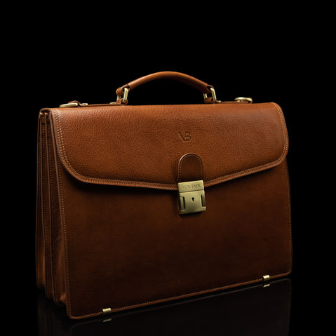 front side view of tan colored briefcase