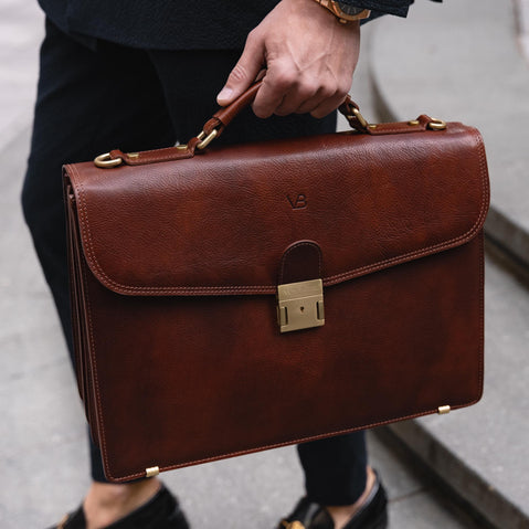 close up view of the no.1 briefcase in brown