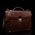 front side view of brown colored briefcase with shoulder strap