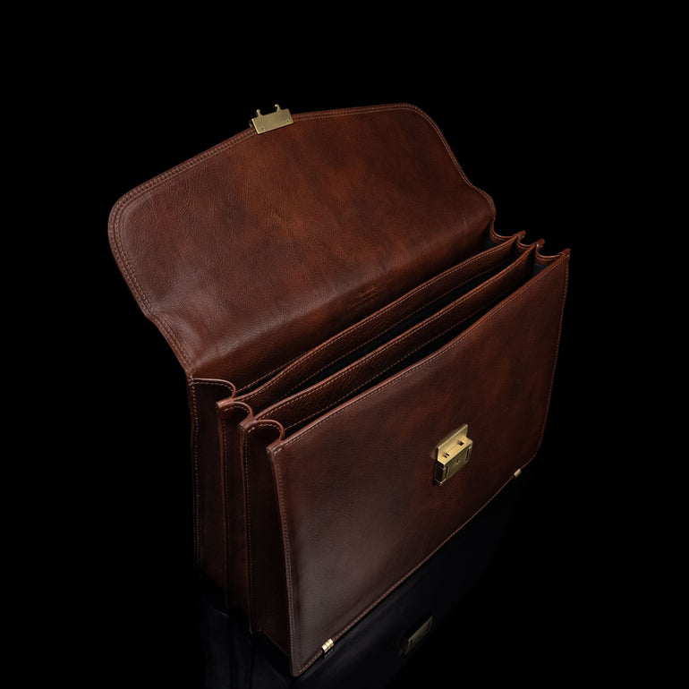 open briefcase showing the triple gusset design