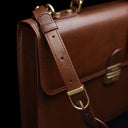 Von Baer No.3 men’s compact full-grain leather briefcase adjustable shoulder strap close-up for comfortable professional carry.