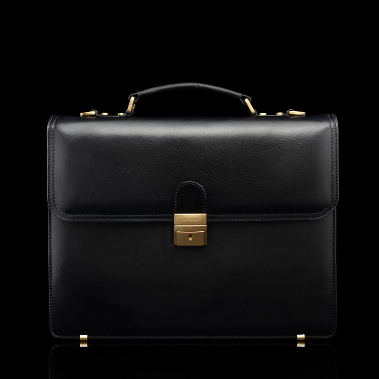 Von Baer No.3 men’s compact full-grain leather laptop briefcase in black, front view for professional work.