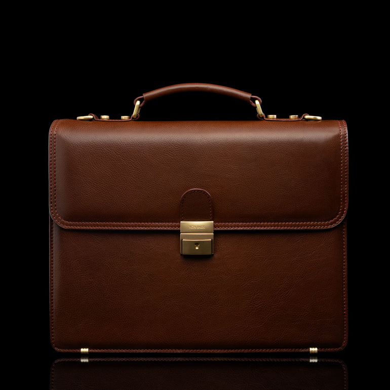 Von Baer No.3 men’s compact full-grain leather laptop briefcase in brown, front view for professional work.