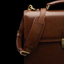 Von Baer No.3 men’s compact full-grain leather briefcase padded shoulder strap close-up for comfortable professional carry.