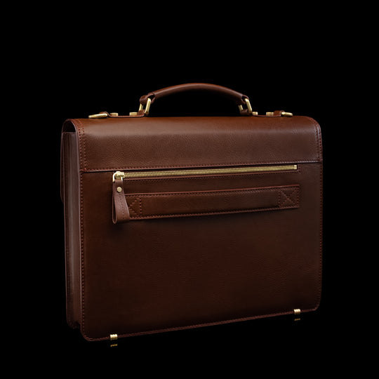 Von Baer No.3 men’s compact travel full-grain leather laptop briefcase in brown, rear view for business travel and professional work.