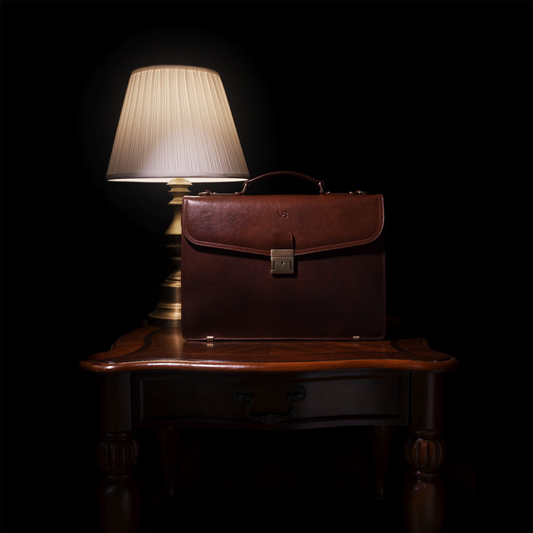 Von Baer No.1 full-grain leather briefcase with triple gusset classic design in vintage scene