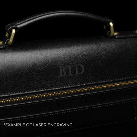 Von Baer No1 personalizable leather briefcase for work, black with engraved initials, example of laser engraving - 