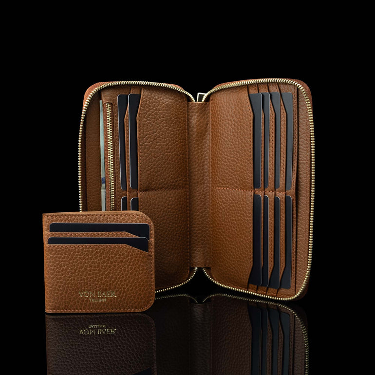 Von Baer origin luxury RFID leather purse 2-in-1 cardholder front view on a black background