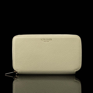 Von Baer origin luxury RFID leather purse large cream white front view on a black background