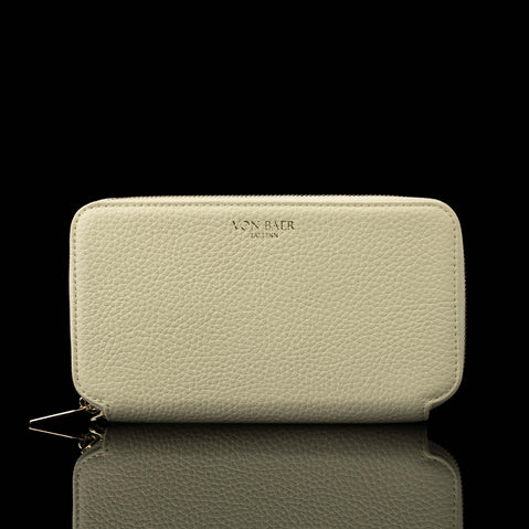 Von Baer origin luxury RFID leather purse large cream white front view on a black background