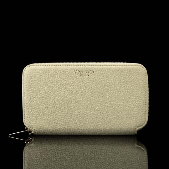 Von Baer origin luxury RFID leather purse large cream white front view on a black background