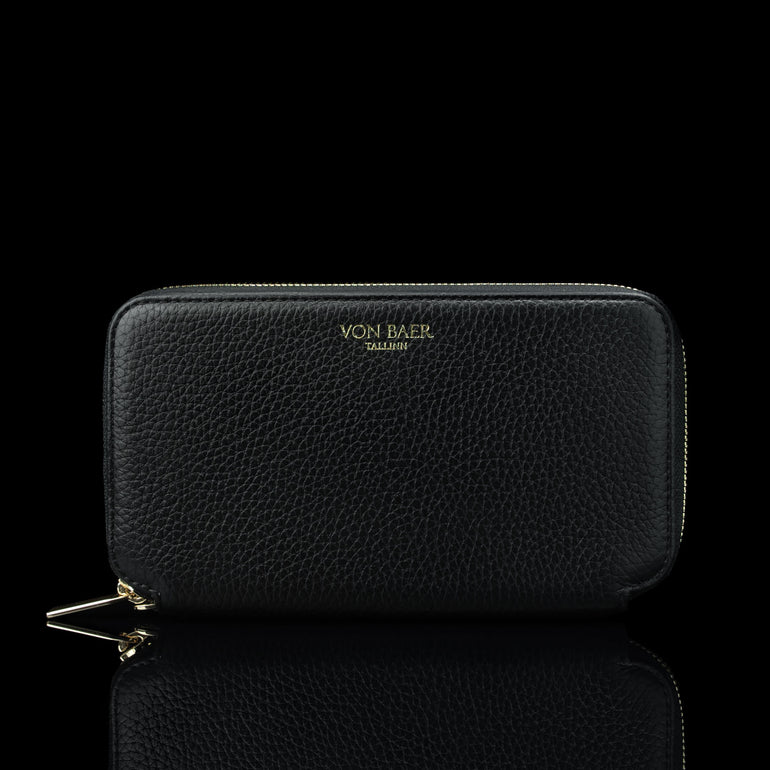 Luxury men’s leather wallet with RFID protection, large design shown from the front view