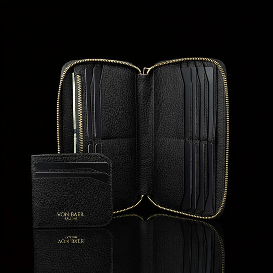 Luxury men’s leather wallet with RFID protection, 2-in-1 cardholder front view on a black background