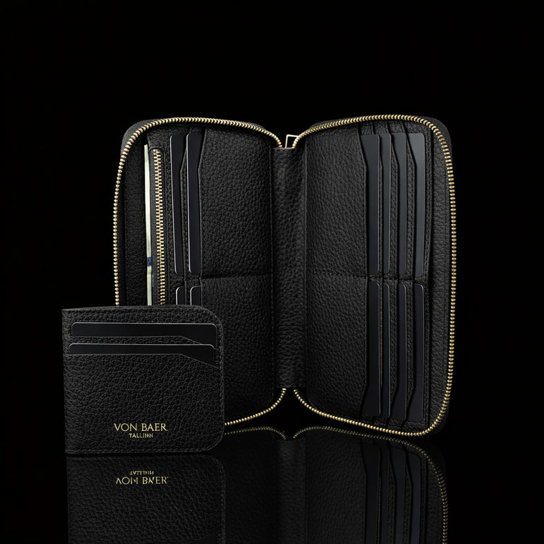 Luxury men’s leather wallet with RFID protection, 2-in-1 cardholder front view on a black background