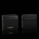 Von Baer origin luxury RFID men’s leather wallet with detachable card holder filled with cards, showing storage capacity and functionality.