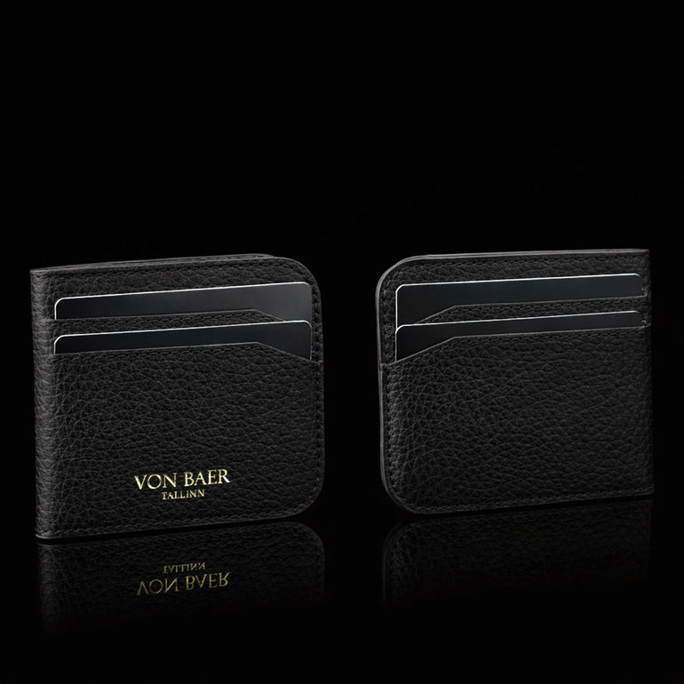 Von Baer origin luxury RFID men’s leather wallet with detachable card holder filled with cards, showing storage capacity and functionality.