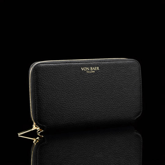 Von Baer origin luxury RFID men’s leather wallet, half-turned view showing premium design and slim profile.