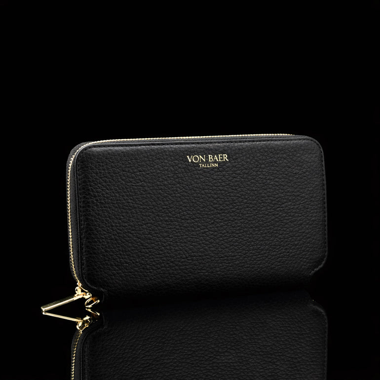 Von Baer origin luxury RFID men’s leather wallet, half-turned view showing premium design and slim profile.
