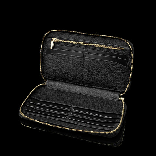 Von Baer origin luxury RFID men’s leather wallet interior view with multiple card slots and zipped coin pocket for organized storage.