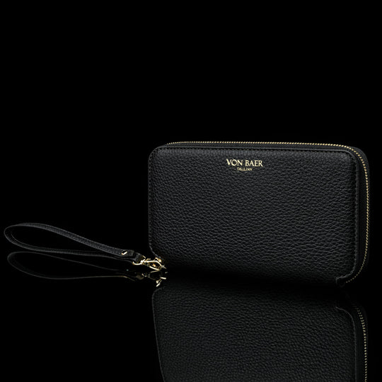 Von Baer origin luxury RFID men’s leather wallet in with wrist strap, premium design for everyday professional use.