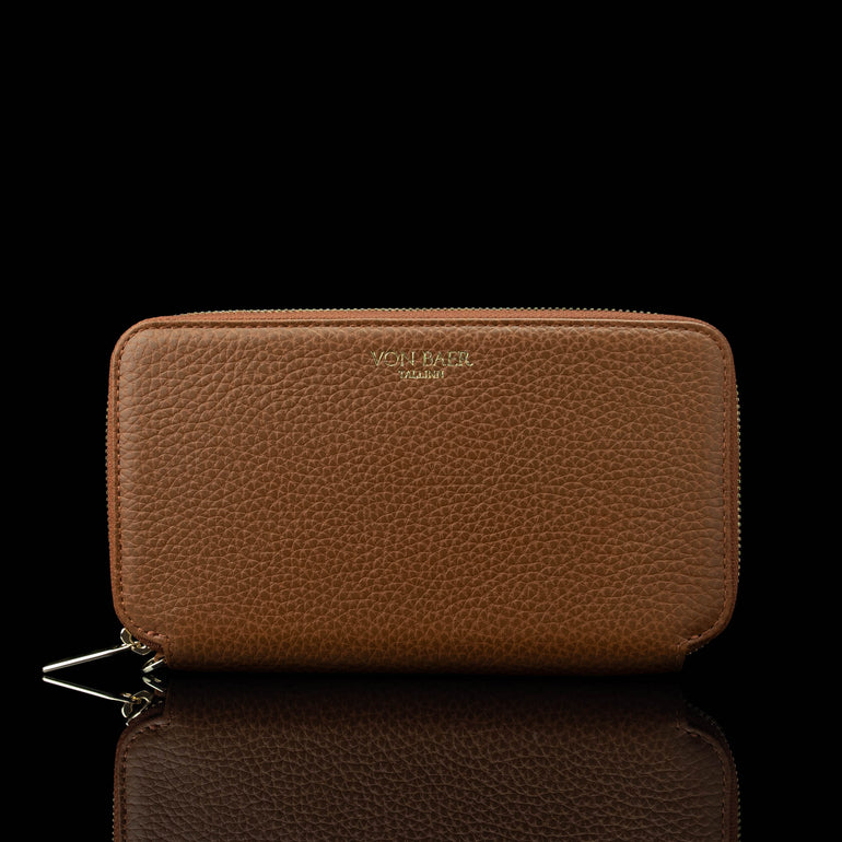 Von Baer origin luxury RFID men’s leather wallet in tan, front view showing premium design.