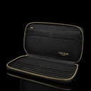 Von Baer origin large men’s leather zip wallet in black, interior view showing organized compartments and slots for cards and cash.