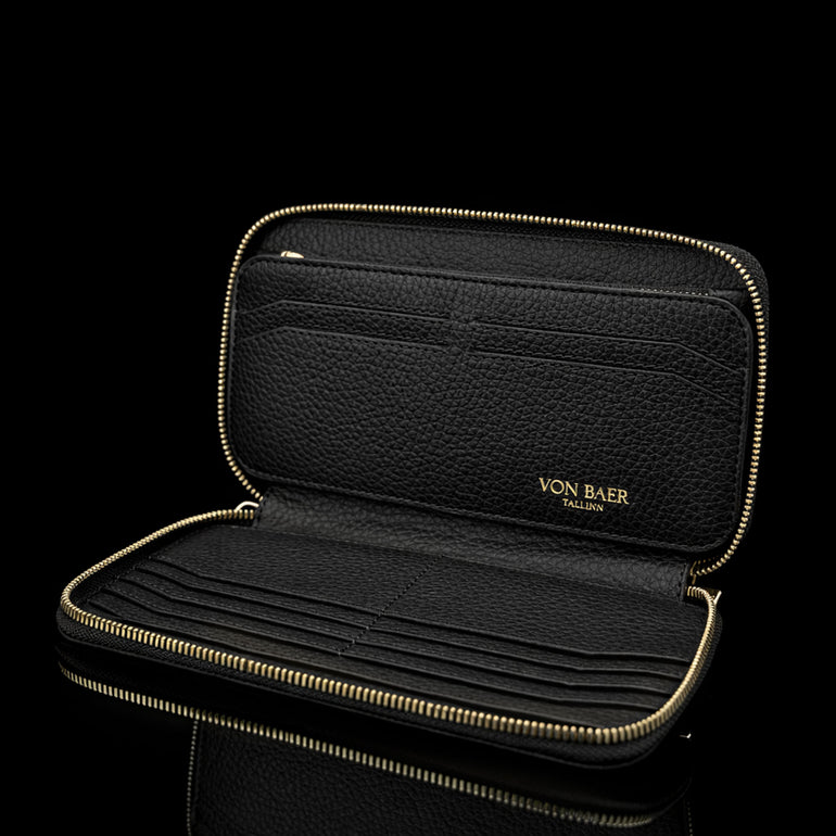 Von Baer origin large men’s leather zip wallet in black, interior view showing organized compartments and slots for cards and cash.