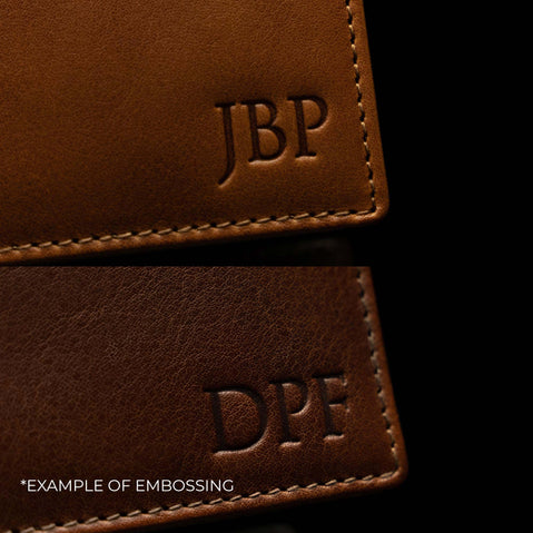 Von Baer personalized quality leather wallet with embossed initials example collage.