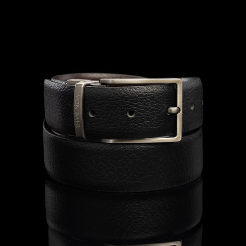 Von Baer Premier High Quality Reversible 2-in-1 Leather Belt - Black side with brushed graphite buckle.