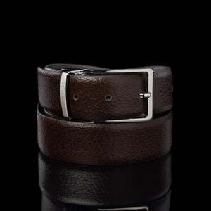 Von Baer Premier High Quality Reversible 2-in-1 Leather Belt - Brown side with silver buckle.