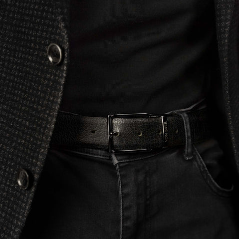 von baer premier luxury reversible premium leather belt for men black side on male model