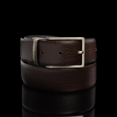 Von Baer Premier Men's Reversible 2-in-1 Leather Belt - Brown side with brushed graphite buckle.