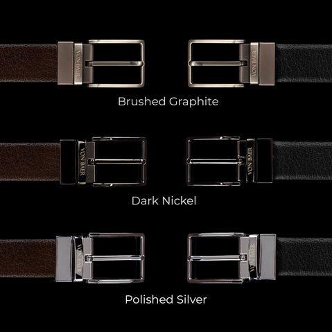 Von Baer Premier Quality Luxury Reversible Leather Belt for Men - Buckle Color Chart: Brushed Graphite, Dark Nickel, Glossy Silver.