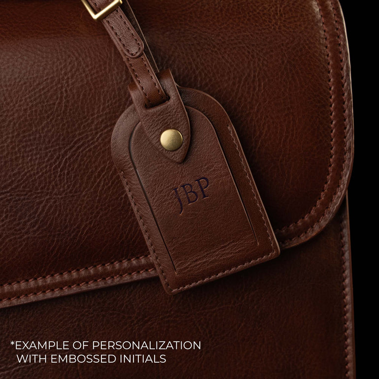 Von Baer Signature compact leather luggage tag with personalized embossed initials JBP