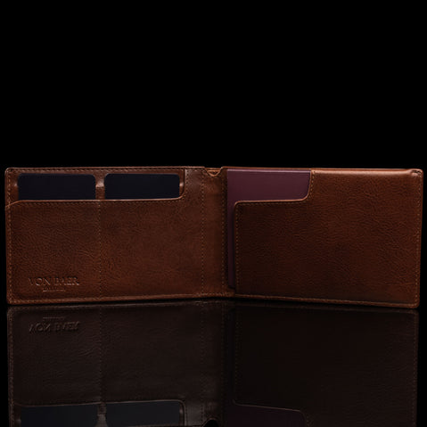 von baer slim leather passport holder travel rfid wallet brown front view filled with cards and passport