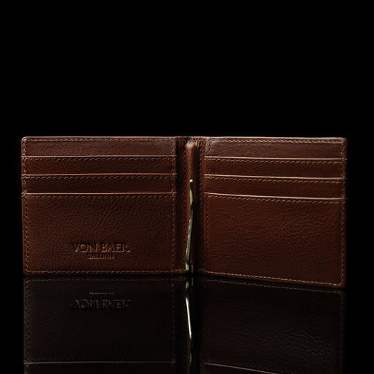von baer small minimalist luxury leather money clip wallet inside view brown