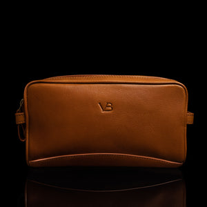 Von Baer superior durable luxury full-grain leather wash bag for women in classic tan, front view.