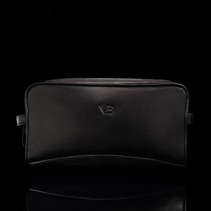 Von Baer superior high-quality luxury full grain leather wash bag in black, featuring the front view