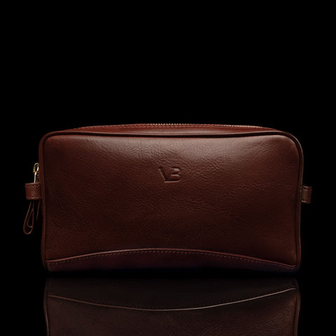 Von Baer superior high-quality luxury full grain leather wash bag in brown, featuring the front view