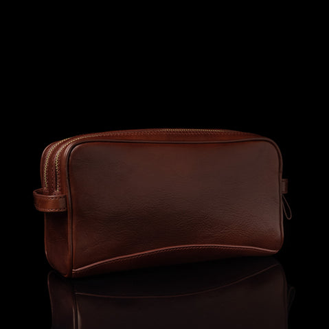 Von Baer superior luxury full grain leather wash bag in brown, featuring the rear view with practical storage and sleek design.