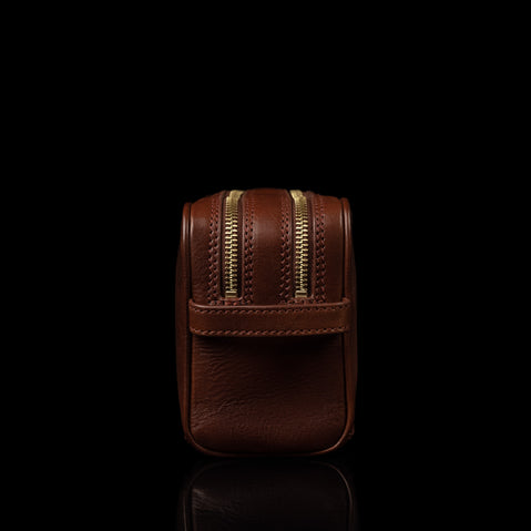 Von Baer superior luxury full grain leather wash bag in brown, showcasing the side view, designed for durability and style.