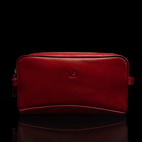 Von Baer Superior luxury full-grain leather wash bag in a vibrant red front view, showcasing its elegant design, premium craftsmanship, and durable leather material.