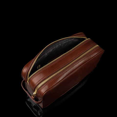 Von Baer Superior luxury full-grain leather wash bag with an upper view showing the interior lining, highlighting the meticulous craftsmanship and attention to detail.